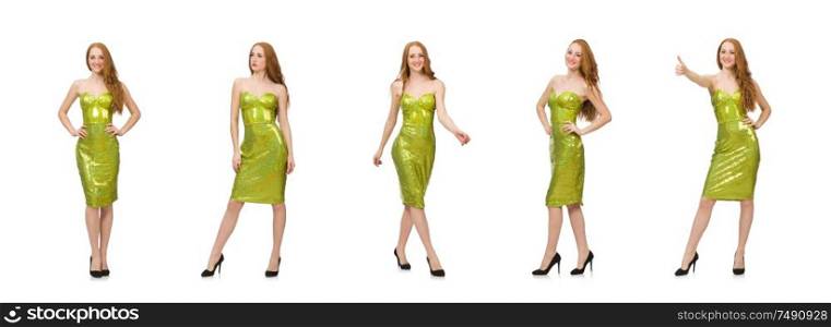 The red hair girl in sparkling green dress isolated on white. Red hair girl in sparkling green dress isolated on white