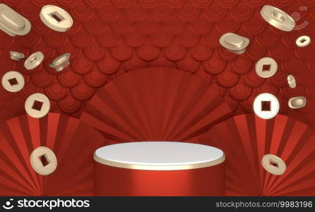 The Red Japanese podium show cosmetic product geometric japan style.3D rendering