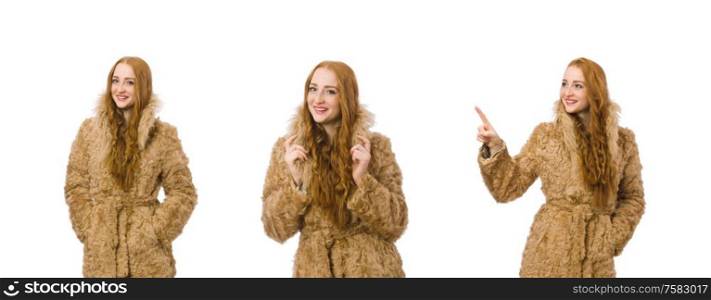 The redhead girl in fur coat isolated on white. Redhead girl in fur coat isolated on white