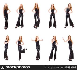 The redhead woman in black bell bottom pants on white. Redhead woman in black bell bottom pants on white