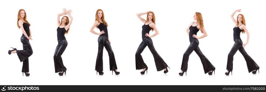 The redhead woman in black bell bottom pants on white. Redhead woman in black bell bottom pants on white