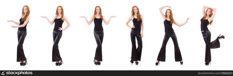 The redhead woman in black bell bottom pants on white. Redhead woman in black bell bottom pants on white