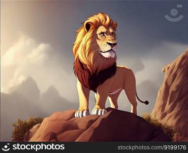 The regal-looking King of the Lion is standing on a little hill. Generative AI.