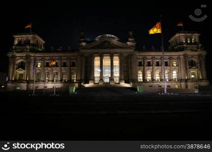 The Reichstag in Berlin, Germany at night.