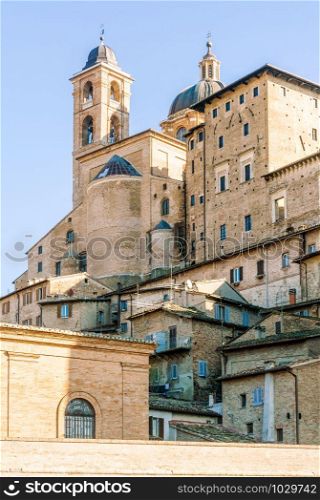 The renaissance town of Urbino, Marche, Italy. A view of the Ducale Palace (Palazzo Ducale) in Urbino city, Marche, Italy