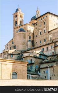 The renaissance town of Urbino, Marche, Italy. A view of the Ducale Palace (Palazzo Ducale) in Urbino city, Marche, Italy