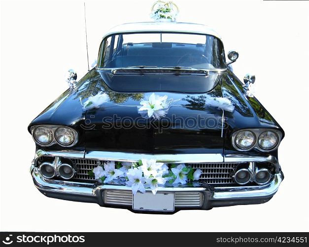 The retro car for the wedding on a white background
