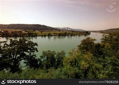 the Rhein river on the border of Switzerland and Germany at the old town of Waldshut in the Blackforest in the south of Germany in Europe.