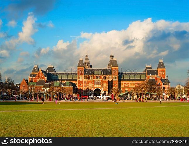 The Rijksmuseum Amsterdam museum area with the words IAMSTERDAM. Netherlands
