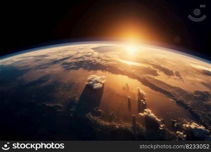 The rising sun above the earth as seen from space created with generative AI technology