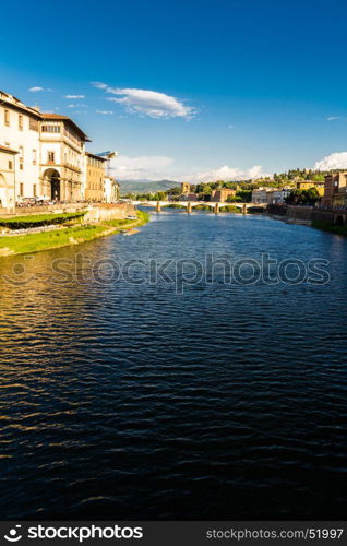The River Arno looking towards the Ponte Alle Grazie bridge, Florence, Italy, evening