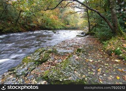 The River Dart at New Bridge, Holne. Dartmoor National Park, Devon, England, United Kingdom. Granite Bridge, autumn, fall, long exposure.