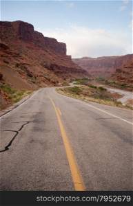 The river meanders down along highway 128 just south or Arches National Park