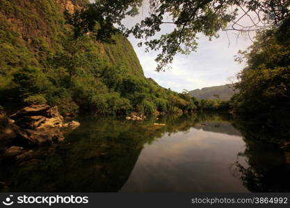 the river of Nam Don or Don River near the village of Tha Falang at Tham Pa Fa in the landscape on the road12 bedwen the Towns of Tha Khaek and the Village of Mahaxai Mai in central Lao in the region of Khammuan in Lao in Souteastasia.. ASIA LAO KHAMMUAN REGION