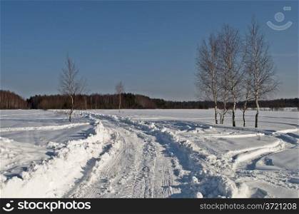 The road in snow on forest background, winter sunny day