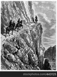 The road over the river from a height of two hundred meters, vintage engraved illustration. Journal des Voyage, Travel Journal, (1880-81).