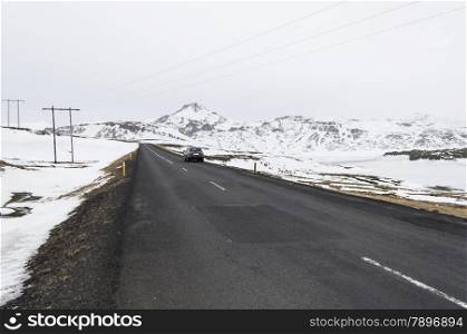 the road to snaefellsne on the island iceland with mountains in winter