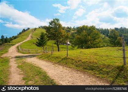 The road to the top of the mountain. Carpathian autumn mountains landscape. Natural landscapes of Ukraine.