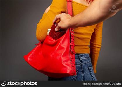 the robber comes up from the back to the girl secretly pulls out of her bag a purse with money. the thief steals from the bag