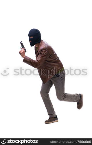 The robber wearing balaclava isolated on white background. Robber wearing balaclava isolated on white background