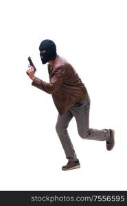 The robber wearing balaclava isolated on white background. Robber wearing balaclava isolated on white background