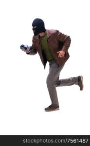 The robber wearing balaclava isolated on white background. Robber wearing balaclava isolated on white background