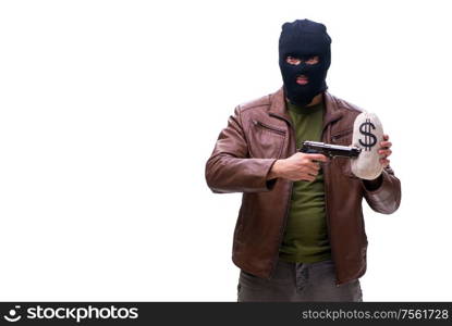 The robber wearing balaclava isolated on white background. Robber wearing balaclava isolated on white background