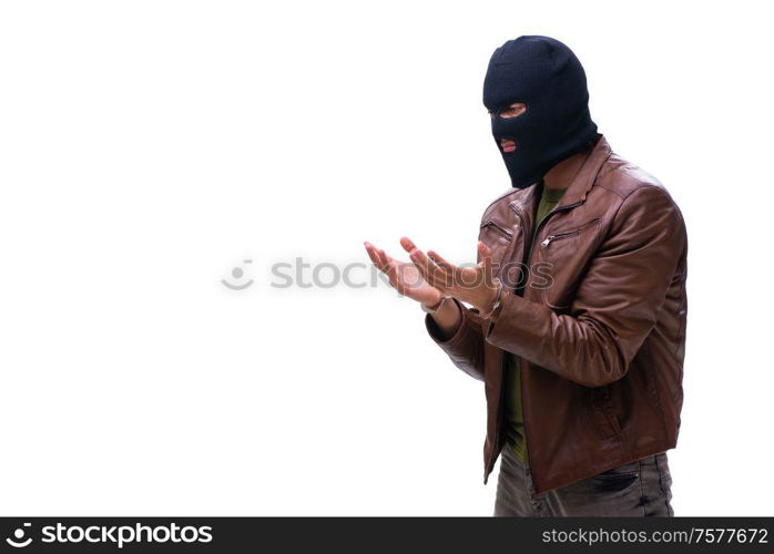 The robber wearing balaclava isolated on white background. Robber wearing balaclava isolated on white background