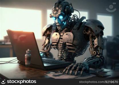 The robot is typing on a laptop. Artificial intelligence assistant in business. Futuristic android concept. AI generated.. The robot is typing on a laptop. Artificial intelligence assistant in business. AI generated.