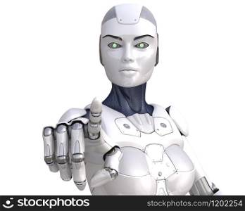 The robot points a finger at the viewer. Clipping path included. 3D illustration. The robot points a finger at the viewer