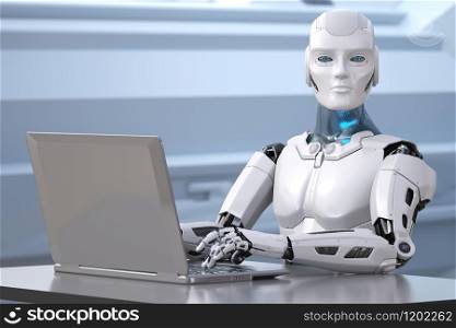 The robot works with a laptop. 3D illustration. The robot works with a laptop