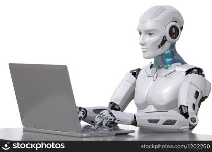 The robot works with a laptop. Clipping path included. 3D illustration. The robot works with a laptop