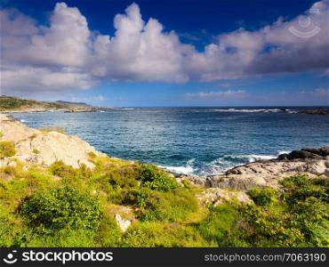 The rocky coast landscape of southern Norway with an ocean view in Rogaland county Norway.. The coast of southern Norway with an ocean view