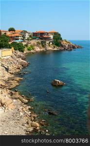 The rocky coast with picturesque houses, Nessebar, Bulgaria.