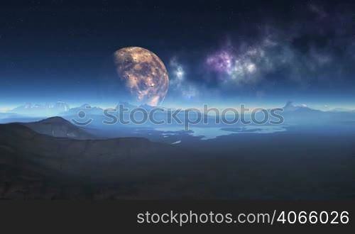 The rocky landscape is covered with a white mist. Among the hills of the lake, which reflects the huge planet (moon) and the starry sky. Over the horizon a white glowing fog. In the sky, the nebula. Bright glowing objects (UFO) moving across the sky. The camera slowly approaches the planet (moon).