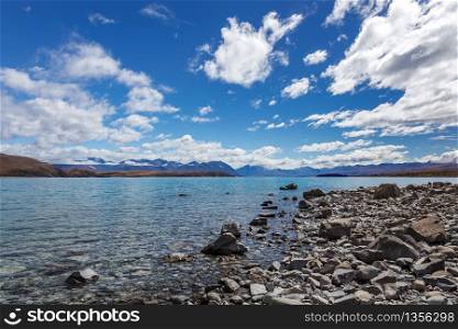 The rocky shore of Lake Tekapo