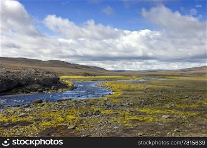 The rocky tundra meadow surrounding the river stream amidst the volcanic lava fields and rhyolite mountains in the Landmannalaugar region in Iceland