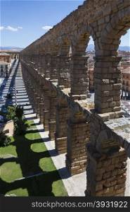 The Roman Aquaduct in the city of Segovia in the Castilla-y-Leon region of central Spain.