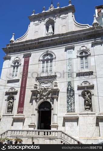 The Roman Baroque facade of the Church of Our Lady of Loreto (also known as Church of the Italians), built in 1518 by the Italian merchant community, in Lisbon, Portugal