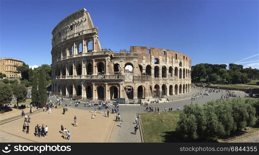 The Roman Colosseum in Rome, Italy. The name, since medieval times, of the Amphitheatrum Flavium, a vast amphitheater in Rome which dates from 75AD .