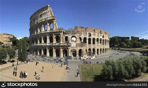 The Roman Colosseum in Rome, Italy. The name, since medieval times, of the Amphitheatrum Flavium, a vast amphitheater in Rome which dates from 75AD .
