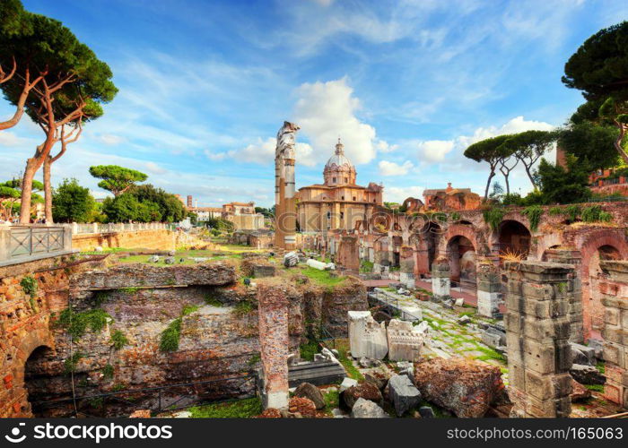 The Roman Forum, Italian Foro Romano in Rome, Italy. Ruins of Roman ancient city.. The Roman Forum, Italian Foro Romano in Rome, Italy