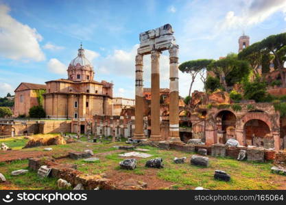 The Roman Forum, Italian Foro Romano in Rome, Italy. Ruins of Roman ancient city.. The Roman Forum, Italian Foro Romano in Rome, Italy