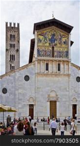 The Romanesque Basilica of San Frediano in Lucca, Tuscany, Italy, with the monumental golden mosaic on the facade