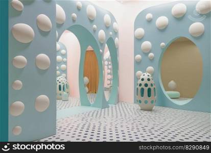 The room has curved white walls and a plush pastel carpet. The room has curved white walls and a plush pastel carpet AI Generated