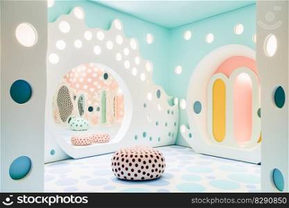 The room has curved white walls and a plush pastel carpet. The room has curved white walls and a plush pastel carpet AI Generated