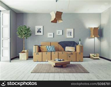 The room with card cardboard boxes instead of furniture. 3d concept