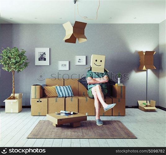 The room with card cardboard boxes instead of furniture and the man with box on the head. Media mixed concept