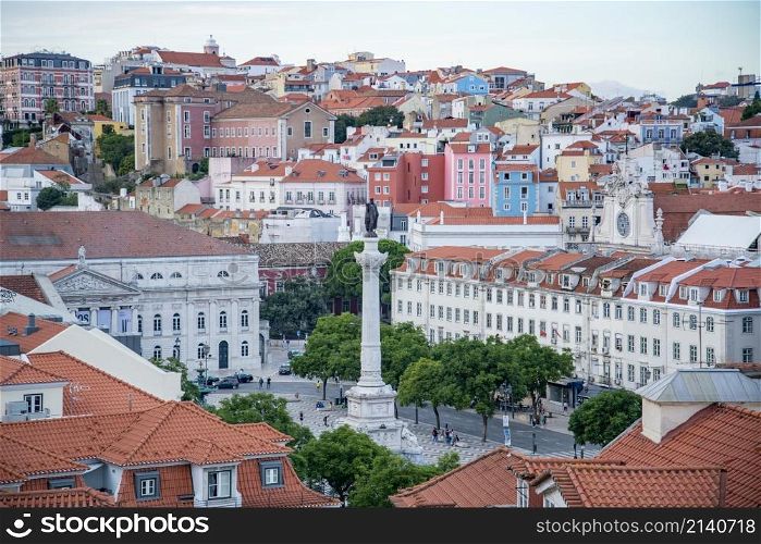 the Rossia Square in Baixa in the City of Lisbon in Portugal. Portugal, Lisbon, October, 2021
