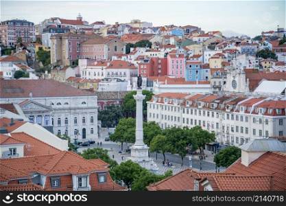 the Rossia Square in Baixa in the City of Lisbon in Portugal. Portugal, Lisbon, October, 2021